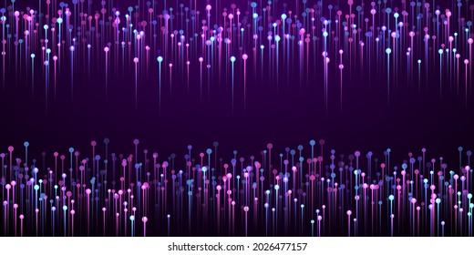 Upward vertical line rays speed motion concept. Geometric neon purple radiance particles. Business lines shift up visual design. Speed motion modern backdrop.