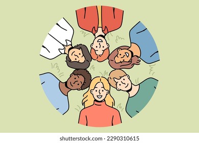 Upward view of smiling diverse people hug and relax together in summer park. Happy men and women rest in nature landscape. Friendship and relaxation. Vector illustration. 