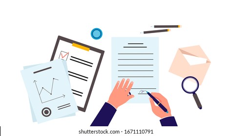 Upward view of table with hands signing document or contract, flat vector illustration isolated on white background. Conclusion of deal or certification of notary.