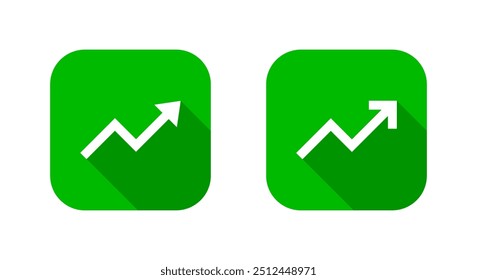 Upward zigzag arrow icon on green square. Market growth sign symbol