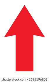 Upward-facing red arrow representing directional symbol for navigation, pointing up, isolated graphic for infographic, presentation, or web design use.
