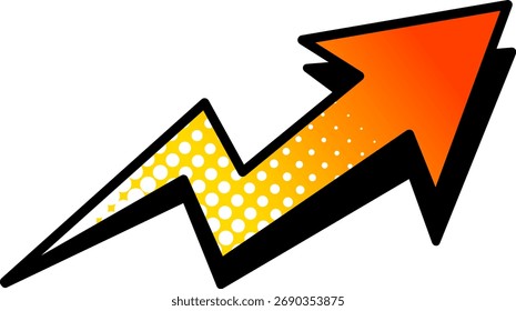 Upward-pointing, line graph-like, wobbly, rising red arrow, red and orange gradation, white dot tone
