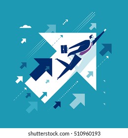 Upwards. Businessman flying between arrows. Concept business illustration