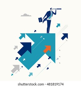 Upwards. Businessman standing on a flying arrows. Concept business illustration