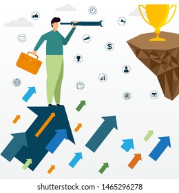 Upwards. Businessman use binoculars while vision with standing on a flying arrows. Concept business illustration. business success concept vector.