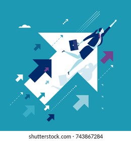 Upwards. Businesswoman flying between ascending arrow symbols. Concept business illustration.