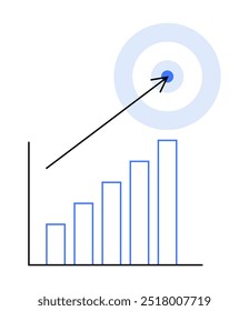 Ein nach oben tendendes Balkendiagramm mit einem Pfeil, der ein Ziel in der Mitte eines Dartboards trifft. Ideal für Unternehmensziele, Wachstumskennzahlen, Zielerreichung, Fortschrittsverfolgung und Datenanalyse. Einfach