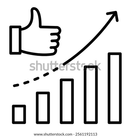 An upward-trending chart paired with a thumbs-up, symbolizing growth, success, and positive progress, round line vector icon with editable stroke