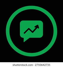 Un gráfico de crecimiento con tendencia al alza dentro de una burbuja de discurso. Significa analizar datos comerciales, recopilar Comentarios, informes de crecimiento y diálogo digital.