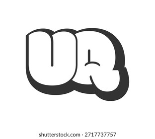 Logotipo UQ, bolhas de letras cômicas, arredondado em estilo graffiti silhueta preto e branco. Trendy pré-escola U e Q carta texto para festa do festival, iniciais pessoais, crianças funky impressão e web. Ilustração vetorial.