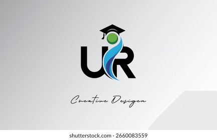 Logotipo creativo de la letra de UR con el casquillo de la graduación y el humano Abstractas – Educación moderna y diseño del símbolo del aprendizaje
