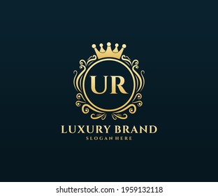 Unser Anfangsbuchstabe, Goldtext mit feminin blumengezeichnet heraldischem Monogramm, Luxus-Logo-Design im antiken Vintage-Stil.