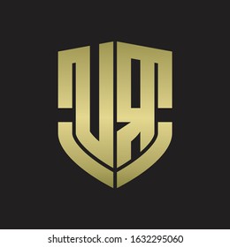 UR Logo monogram with emblem shield shape design isolated gold colors on black background