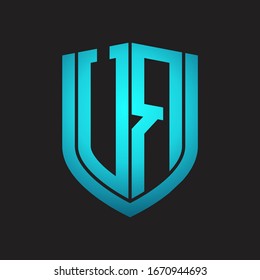 UR Logo monogram with emblem shield design isolated with blue colors on black background