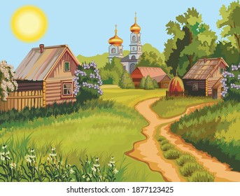 Ural. Village life. Nature. Vector