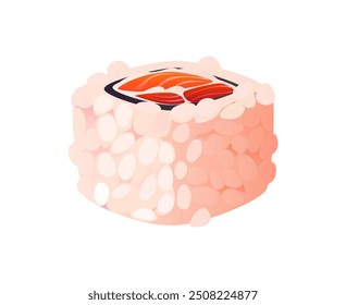 Uramaki cartoon Japanese sushi roll. Isolated vector piece of seafood meal topped with rice on the outside, filled with salmon and tuna chunks in nori wrap, showcasing vibrant colors and fresh texture