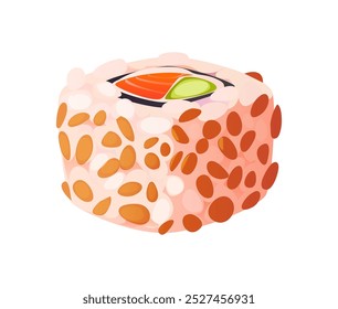 Uramaki cartoon Japanese sushi, roll. Isolated vector piece of seafood meal topped with rice, sesame seeds, filled with salmon and avocado or cucumber slice, showcasing vibrant colors and texture