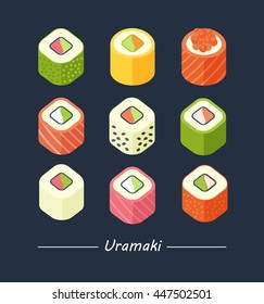 Uramaki with different fillings. Sushi rolls set icons. Vector illustration. Flat style.