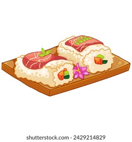 Uramaki Sushi Roll isolated on white background. Realistic style sushi with rice, salmon fish, avocado and crab meat. Japanese cuisine poster. Vector illustration