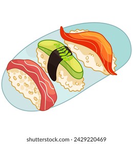Uramaki Sushi Roll isolated on white background. Realistic style sushi with rice, salmon fish, avocado and crab meat. Japanese cuisine poster. Vector illustration