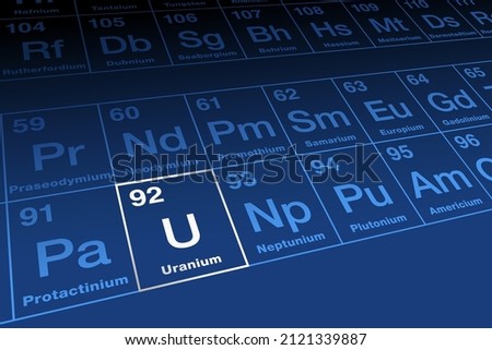 Uranium, chemical element on the periodic table of elements, in the actinide series. Radioactive metal with the element symbol U and atomic number 92. Used in nuclear power plants and nuclear weapons.