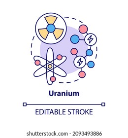 Icono de concepto de uranio. Minería de mineral radiactiva. Las fuentes de energía no renovables abstraen la ilustración de la idea en línea delgada. Dibujo de contorno aislado. Trazo editable. Fuentes Roboto-Medium, Myriad Pro-Bold utilizadas