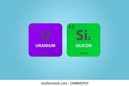 Molécula USi2 de disilicide uranio. Fórmula molecular simple consistente en elementos de uranio, silicio. Estructura simplificada del compuesto químico sobre fondo azul, para la educación química
