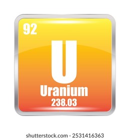 Ícone de urânio. U elemento químico. Número atômico 92. Massa 238.03. Imagem quadrada amarela.