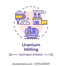 Uranium milling multi color concept icon. Crush, ground and treat with chemical agent. Nuclear fuel cycle. Round shape line illustration. Abstract idea. Graphic design. Easy to use in article