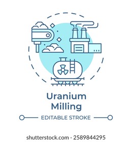 Uranium milling soft blue concept icon. Crush, ground and treat with chemical agent. Nuclear fuel cycle. Round shape line illustration. Abstract idea. Graphic design. Easy to use in article