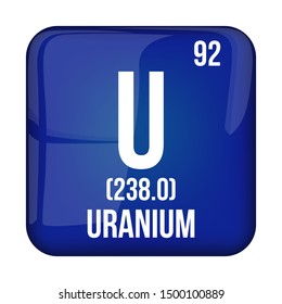 Uranium symbol.Chemical element of the periodic table on a glossy blue background .Vector illustration.