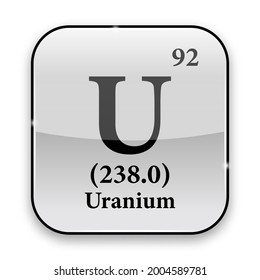 Uransymbol.Chemisches Element des Periodensystems auf glänzendem weißem Hintergrund in silbernem Rahmen.Vektorgrafik.