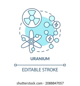 Uranium turquoise blue concept icon. Radioactive ore. Nonrenewable sources abstract idea thin line illustration. Isolated outline drawing. Editable stroke. Roboto-Medium, Myriad Pro-Bold fonts used