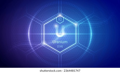 Uranium (U) (092) Actinide - Fundamental Element Futuristic Neon Light Glow Hexagon Block Grid Background Design - Periodic Table, Chemical Symbol, Name, Atomic Mass, Atomic Number