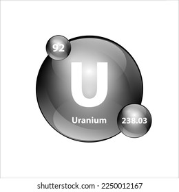 Uranium (U) chemisches Element Icon Struktur runde Form Kreis grau, Silber, Schwarz leicht. Periodische Tabelle Zeichen mit Atomnummer. Studium der Wissenschaft für Bildung. 3D-Illustrationsvektor.