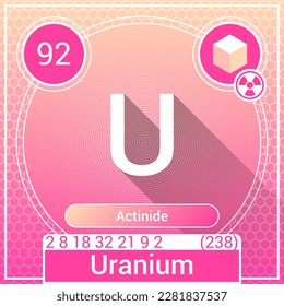 Uranium (U) Element - Actinide - Periodic Table, Chemical Symbol, Name, Atomic Weight, Atomic Number, Electron Shells, Classification, Phase at STP - Chemistry Logo Icon Design