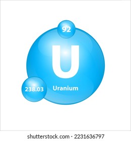 Uranium (U) Icon Struktur chemischen Element rund Form Kreis hellblau. Chemisches Element der periodischen Tabelle Zeichen mit Atomnummer. Studium der Wissenschaft für Bildung. 3D-Illustrationsvektor. 