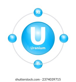 Uranium (U) Icon structure chemical element round shape circle light blue with surround ring. Period number shows of energy levels of electron. Study science for education. 3D Illustration vector.