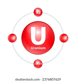 Uranio (U) Estructura de iconos elemento químico forma redonda círculo luz roja con anillo envolvente. Vector de ilustración 3D. Número de periodo muestra niveles de energía de electrones. Estudios científicos para la educación