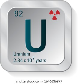 Uranium Or U Periodic Table Element Icon On Silver Metallic Button With Radioactive Sign And Half-life Of Most
Stable Isotope Vector Illustration.