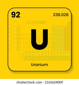 Uranium U das periodische Tabelle der Elemente mit Namen und Symbol und Atomnummer und Gewicht. Vektorsymbol-Illustration auf gelbem Hintergrund mit transparentem Elementhintergrund