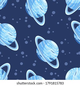 Uranus abstract seamless space pattern background with planets with rings. Solar system planets children wallpaper texture tile. Vector stock illustration