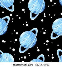 Uranus abstract seamless space pattern background with planets with rings on black background. Solar system planets children wallpaper texture tile. Vector stock image