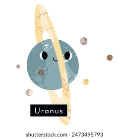 Uranus. Cute kawaii planet character with smiling face. Funny celestial body. Solar system. Astronomy for kids. Vector flat cartoon illustration