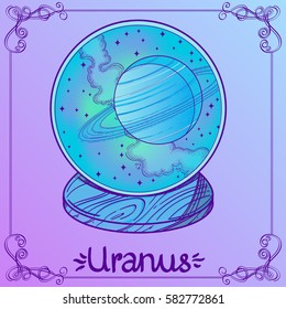 Uranus. Illustration in style pastel goth. The planet of the solar system in a glass bowl on a stand. Illustration for design on the astrology, astronomy, spirituality.