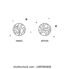 Uranus and Neptune icons in vector. Isolated linear elements of Solar System. Cosmic illustration for print and digital design. Banner, flyer, web, app.