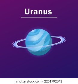 Uranus on blue and purple background cartoon illustration. Uranus. Space, planetary, galaxy, astronomy concept