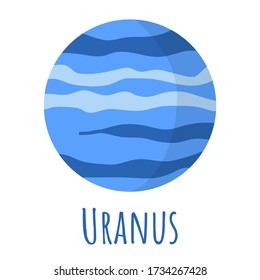 Uranus planet for logo, outer space, symbol. The Biggest planet. Transparent shadow and lettering. Vector illustration isolated on background. Flat style design.
