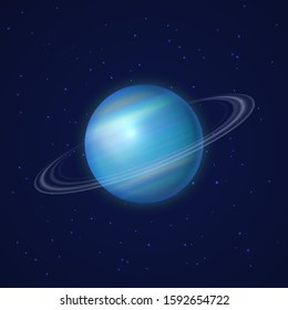 Uranus planet with rings on deep blue background. Seventh ice giant planet of solar system. Galaxy discovery and exploration. Realistic cosmic vector illustration for school education materials.