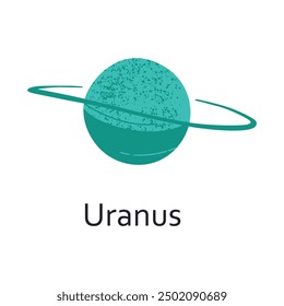 Uranus planet vector illustration, flat cartoon style. Doodle for space and astronomy themes, astrology, children books, icon for educational purposes. Blue-green gas giant with ring from solar system